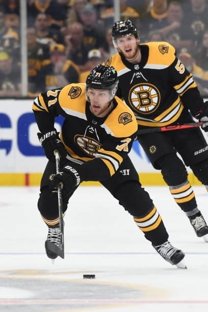 Taylor Hall of the Boston Bruins skates with the puck against the New York Islanders in Game Five of the Second Round of the 2021 Stanley Cup...