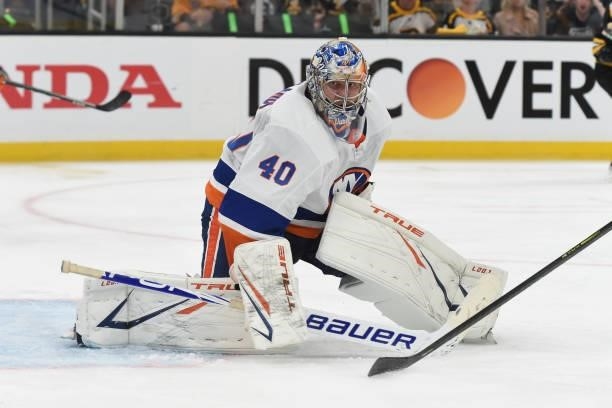 Semyon Varalmov of the New York Islanders in the net against the Boston Bruins in Game Five of the Second Round of the 2021 Stanley Cup Playoffs at...