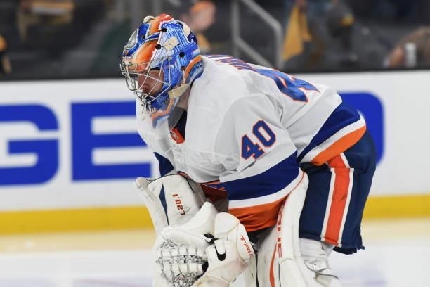 Semyon Varlamov of the New York Islanders in the net against the Boston Bruins in Game Five of the Second Round of the 2021 Stanley Cup Playoffs at...