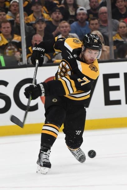 Taylor Hall of the Boston Bruins shoots the puck against the New York Islanders in Game Five of the Second Round of the 2021 Stanley Cup Playoffs at...