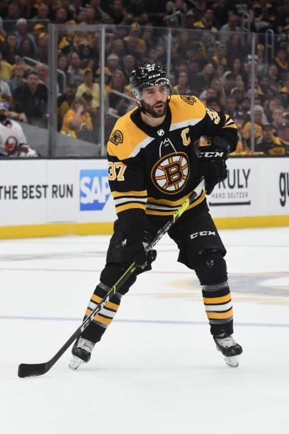 Patrice Bergeron of the Boston Bruins against the New York Islanders in Game Five of the Second Round of the 2021 Stanley Cup Playoffs at the TD...