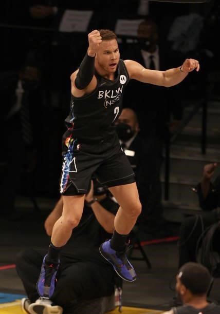 Blake Griffin of the Brooklyn Nets celebrates a dunk in the first quarter against the Milwaukee Bucks during game two of the Eastern Conference...