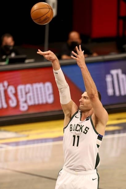 Brook Lopez of the Milwaukee Bucks shoots a three in the first half against the Brooklyn Nets during game two of the Eastern Conference second round...
