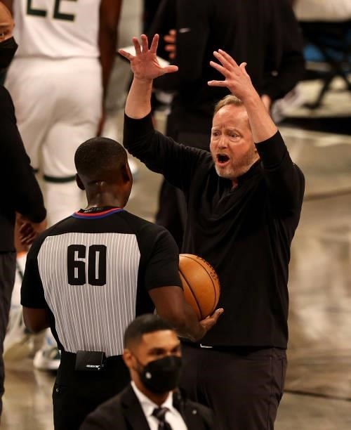 Milwaukee Bucks head coach Mike Budenholzer reacts during a time out in the first half of game two of the Eastern Conference second round series...