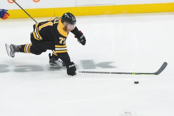 Taylor Hall of the Boston Bruins skates after the puck against the New York Islanders in Game Five of the Second Round of the 2021 Stanley Cup...
