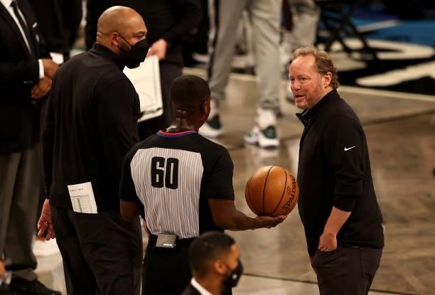 Milwaukee Bucks head coach Mike Budenholzer reacts during a time out in the first half of game two of the Eastern Conference second round series...