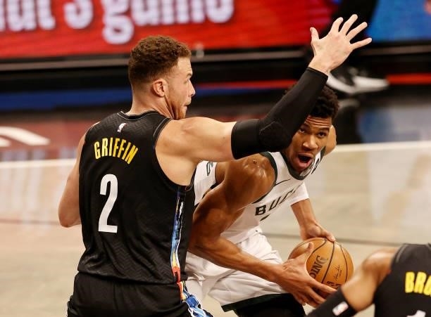 Giannis Antetokounmpo of the Milwaukee Bucks tries to get past Blake Griffin of the Brooklyn Nets in the first half during game two of the Eastern...