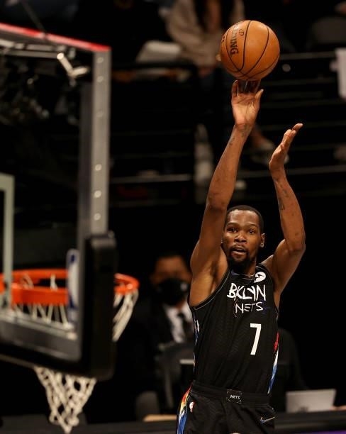 Kevin Durant of the Brooklyn Nets takes a shot in the third quarter against the Milwaukee Bucks during game two of the Eastern Conference second...