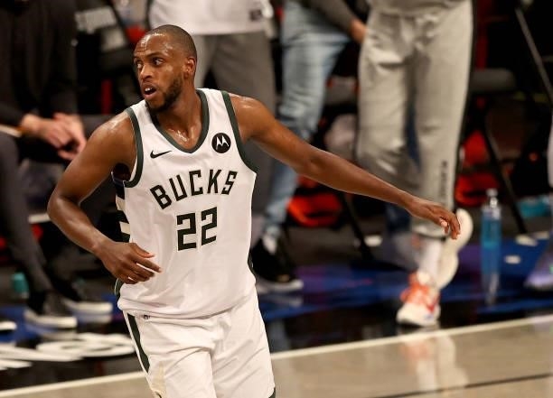 Khris Middleton of the Milwaukee Bucks celebrates his three in the third quarter against the Brooklyn Nets during game two of the Eastern Conference...