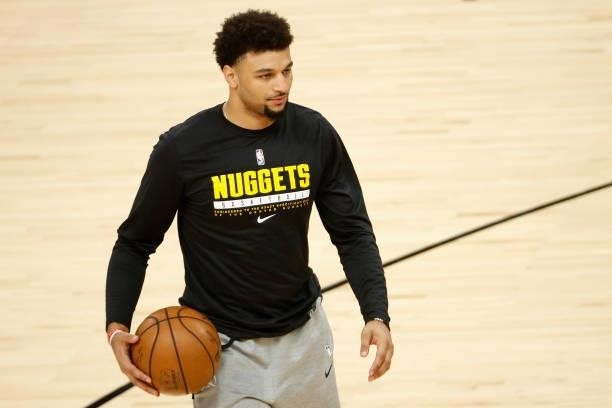Jamal Murray of the Denver Nuggets warms up on the court before Game One of the Western Conference second-round playoff series at Phoenix Suns Arena...