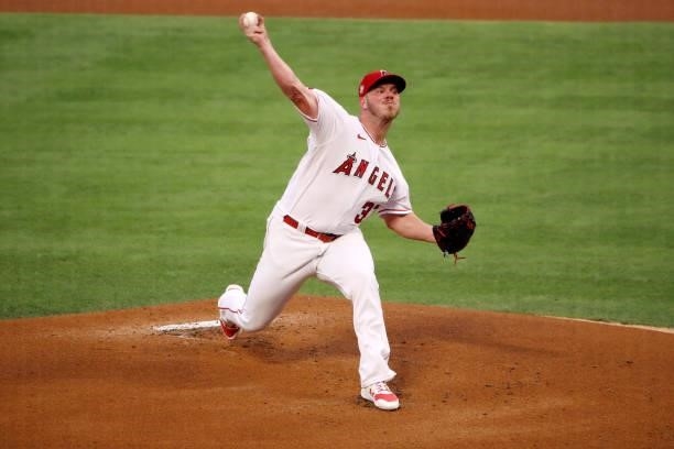 Dylan Bundy of the Los Angeles Angels pitches during the first inning against the Kansas City Royals at Angel Stadium of Anaheim on June 07, 2021 in...