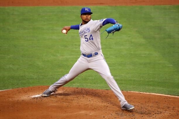 Ervin Santana of the Kansas City Royals pitches during the first inning against the Los Angeles Angels at Angel Stadium of Anaheim on June 07, 2021...