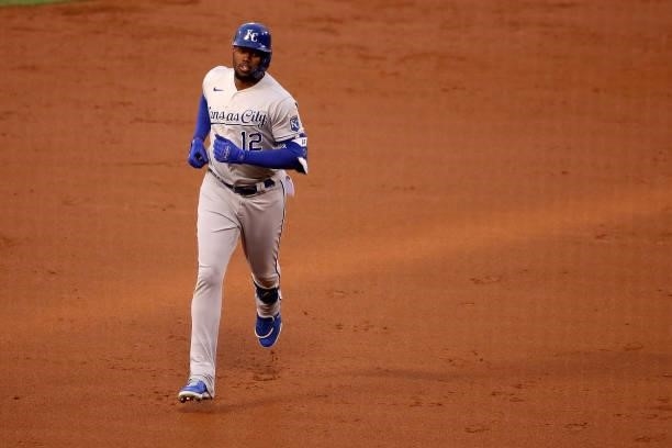 Jorge Soler of the Kansas City Royals runs around the bases after his home run during the second inning against the Los Angeles Angels at Angel...