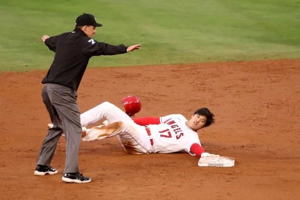 Shohei Ohtani of the Los Angeles Angels steals second base against the Kansas City Royals during the second inning at Angel Stadium of Anaheim on...