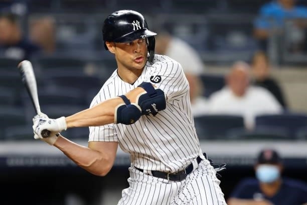 Giancarlo Stanton of the New York Yankees in action against the Boston Red Sox during a game at Yankee Stadium on June 5, 2021 in New York City.