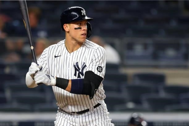 Aaron Judge of the New York Yankees in action against the Boston Red Sox during a game at Yankee Stadium on June 5, 2021 in New York City.
