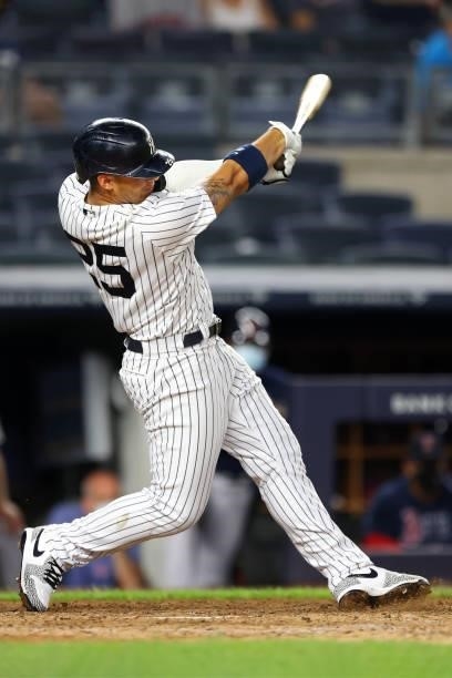 Gleyber Torres of the New York Yankees in action against the Boston Red Sox during a game at Yankee Stadium on June 5, 2021 in New York City.