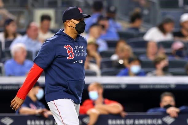 Manager Alex Cora of the Boston Red Sox in action against the New York Yankees during a game at Yankee Stadium on June 5, 2021 in New York City. The...