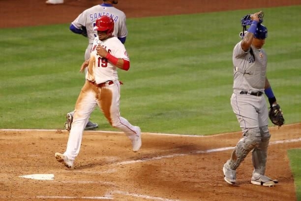 Juan Lagares of the Los Angeles Angels scores a run after an RBI single by David Fletcher against the Kansas City Royals during the fourth inning at...