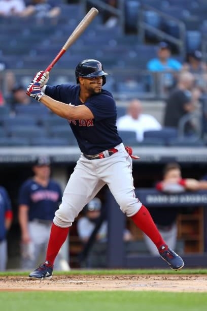 Xander Bogaerts of the Boston Red Sox in action against the New York Yankees during a game at Yankee Stadium on June 5, 2021 in New York City. The...