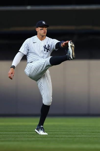 Aaron Judge of the New York Yankees warms up before a game against the Boston Red Sox at Yankee Stadium on June 5, 2021 in New York City.