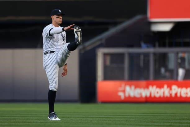 Aaron Judge of the New York Yankees warms up before a game against the Boston Red Sox at Yankee Stadium on June 5, 2021 in New York City.