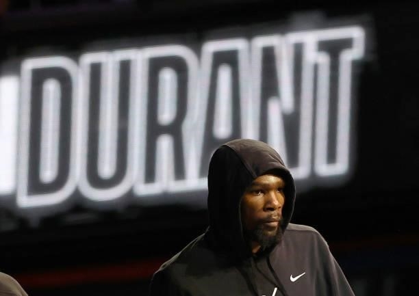 Kevin Durant of the Brooklyn Nets walks on the court during player introductions before game two of the Eastern Conference second round series...