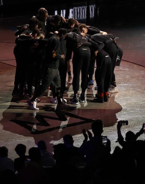 The Brooklyn Nets huddle before game two of the Eastern Conference second round series against the Milwaukee Bucks at Barclays Center on June 07,...