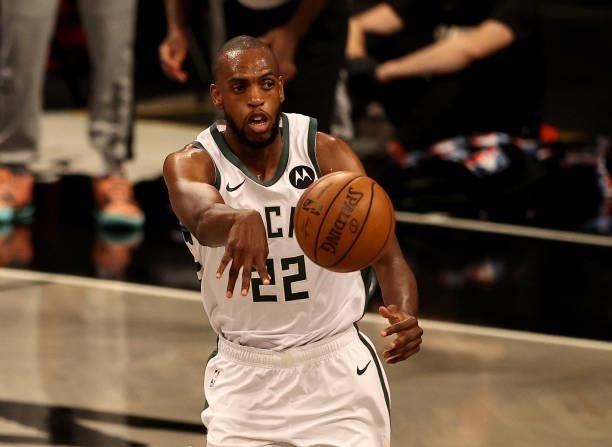 Khris Middleton of the Milwaukee Bucks passes the ball in the first half against the Brooklyn Nets during game two of the Eastern Conference second...