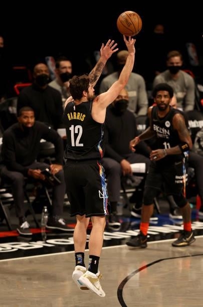 Joe Harris of the Brooklyn Nets shoots a three point shot in the first half against the Milwaukee Bucks during game two of the Eastern Conference...