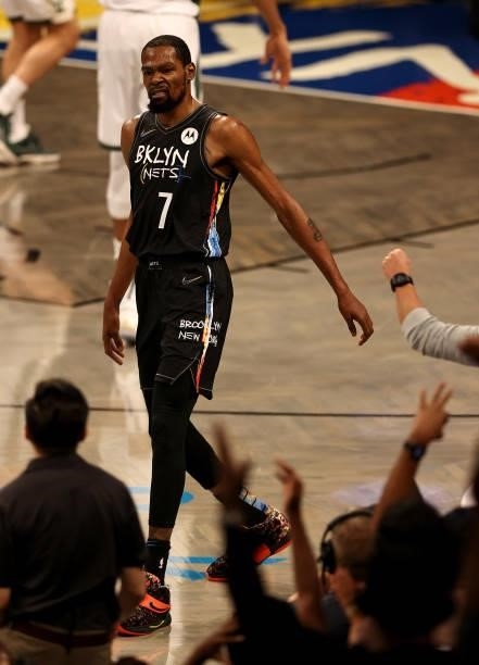 Kevin Durant of the Brooklyn Nets celebrates in the first half against the Milwaukee Bucks during game two of the Eastern Conference second round...