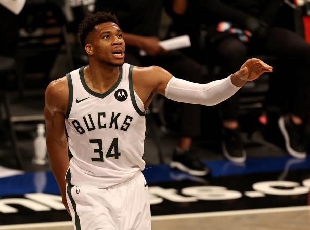 Giannis Antetokounmpo of the Milwaukee Bucks watches a missed shot in the first half against the Brooklyn Nets during game two of the Eastern...