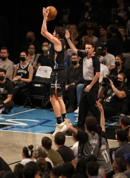 Joe Harris of the Brooklyn Nets shoots a three point shot in the first half against the Milwaukee Bucks during game two of the Eastern Conference...