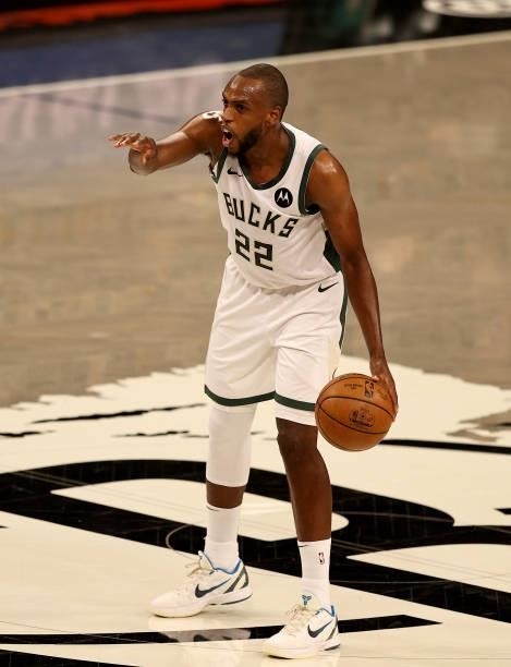 Khris Middleton of the Milwaukee Bucks directs his teammates in the first half against the Brooklyn Nets during game two of the Eastern Conference...