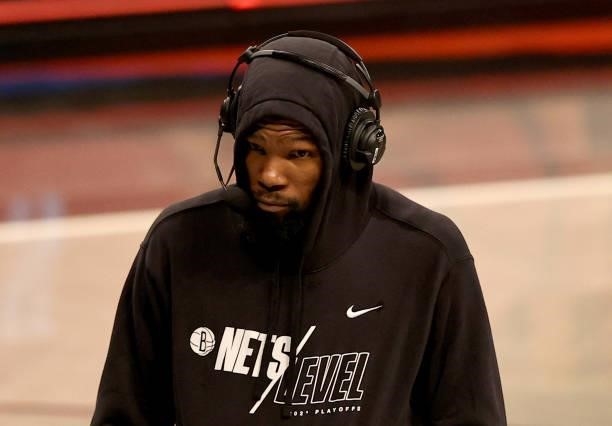Kevin Durant of the Brooklyn Nets is interviewed after game two of the Eastern Conference second round series against the Milwaukee Bucks at Barclays...