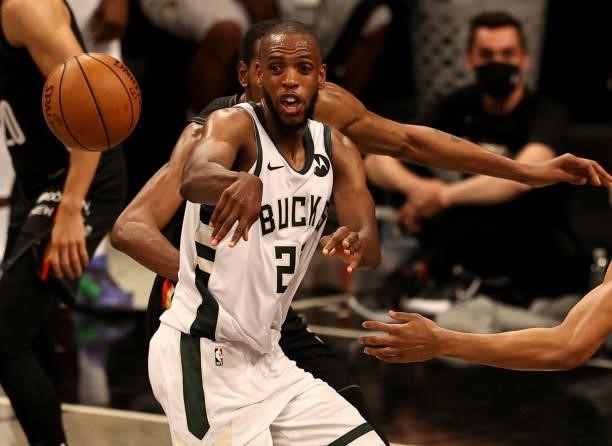 Khris Middleton of the Milwaukee Bucks passes the ball in the second half against the Brooklyn Nets during game two of the Eastern Conference second...
