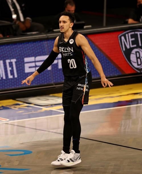 Landry Shamet of the Brooklyn Nets celebrates his three point shot in the second half against the Milwaukee Bucks during game two of the Eastern...