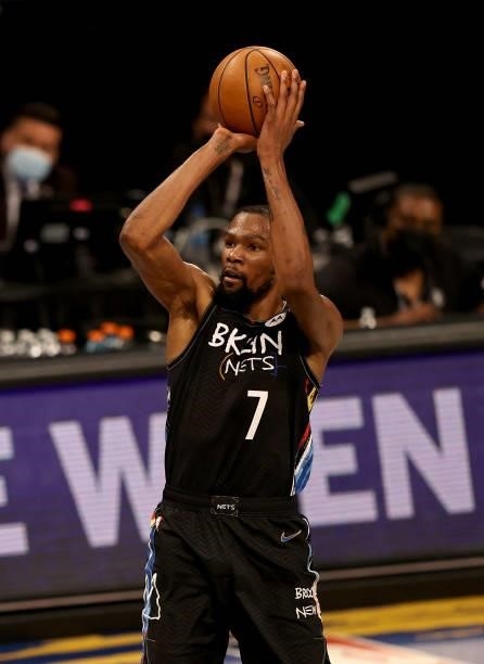 Kevin Durant of the Brooklyn Nets takes a shot in the second half against the Milwaukee Bucks during game two of the Eastern Conference second round...