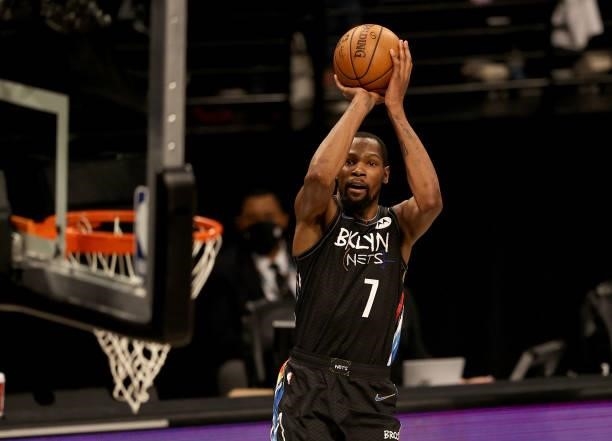 Kevin Durant of the Brooklyn Nets takes a shot in the second half against the Milwaukee Bucks during game two of the Eastern Conference second round...