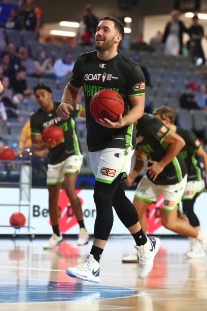 Adam Gibson of the Phoenix of the Phoenix warms up before the round 21 NBL match between the Brisbane Bullets and the South East Melbourne Phoenix at...