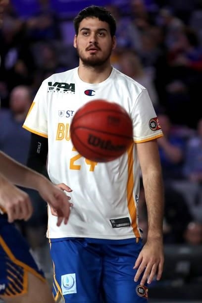 Tyrell Harrison of the Bullets warms up before the round 21 NBL match between the Brisbane Bullets and the South East Melbourne Phoenix at Nissan...