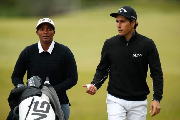 Carlos Pigem of Spain and Nobuhle Dlamini of South Africa interact during a practice round ahead of the Scandinavian Mixed Hosted by Henrik and...