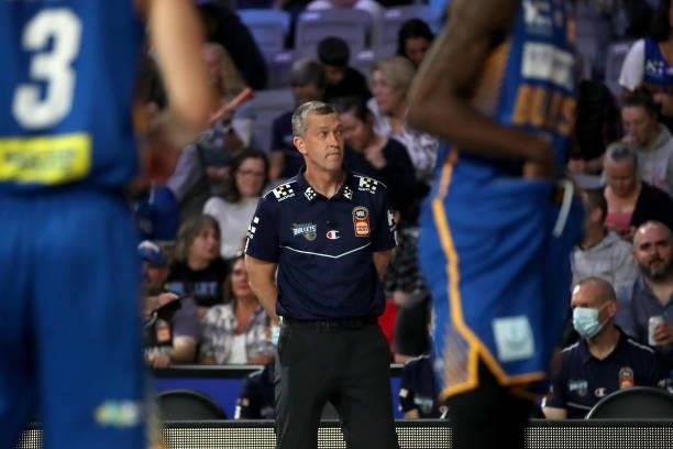 Bullets coach Andrej Lemanis looks on during the round 21 NBL match between the Brisbane Bullets and the South East Melbourne Phoenix at Nissan...