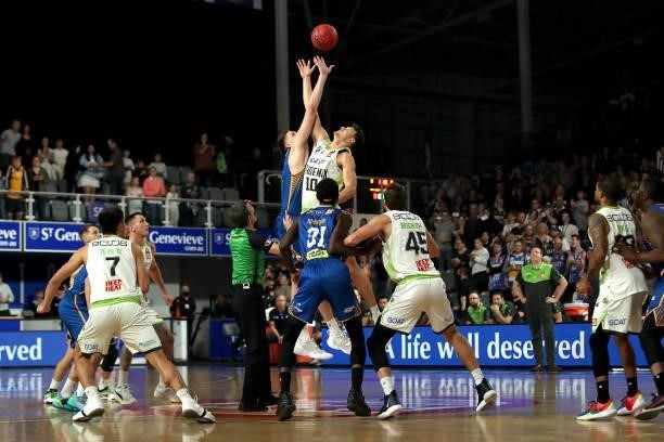 Players tip off during the round 21 NBL match between the Brisbane Bullets and the South East Melbourne Phoenix at Nissan Arena, on June 08 in...