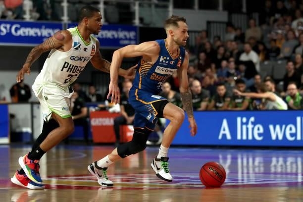 Nathan Sobey of the Bullets handles the ball during the round 21 NBL match between the Brisbane Bullets and the South East Melbourne Phoenix at...