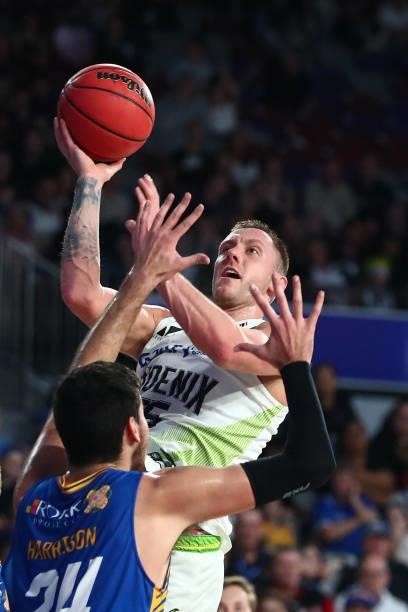 Mitch Creek of the Phoenix shoots during the round 21 NBL match between the Brisbane Bullets and the South East Melbourne Phoenix at Nissan Arena, on...