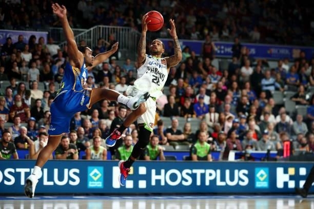 Keifer Sykes of the Phoenix shoots during the round 21 NBL match between the Brisbane Bullets and the South East Melbourne Phoenix at Nissan Arena,...