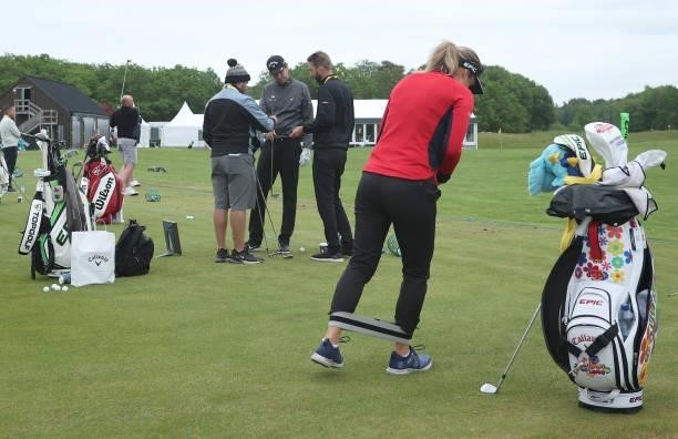 Celine Herbin of France warms up on the range ahead of the Scandinavian Mixed Hosted by Henrik and Annika at Vallda Golf & Country Club on June 08,...