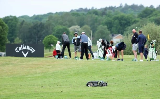 Grass cutter is pictured on the range ahead of the Scandinavian Mixed Hosted by Henrik and Annika at Vallda Golf & Country Club on June 08, 2021 in...