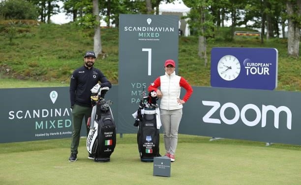 Francesco Laporta of Italy and Lucrezia Colombotto Rosso of Italy pose for a pictured as they play a practice round ahead of the Scandinavian Mixed...